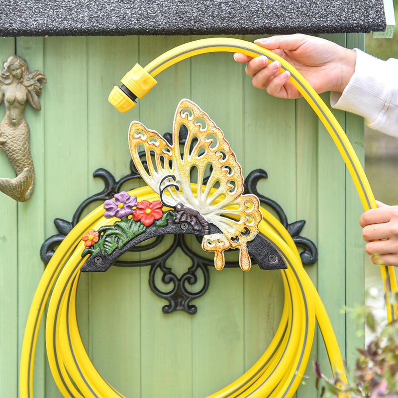 Sungmor Cast Iron Garden Hose Holder, Heavy Duty Wall Mounted Hose Hanger, Decorative Butterfly Water pipe Organizer, Hose Reel Rack for Outside, Garden Yard Decor - Image 2